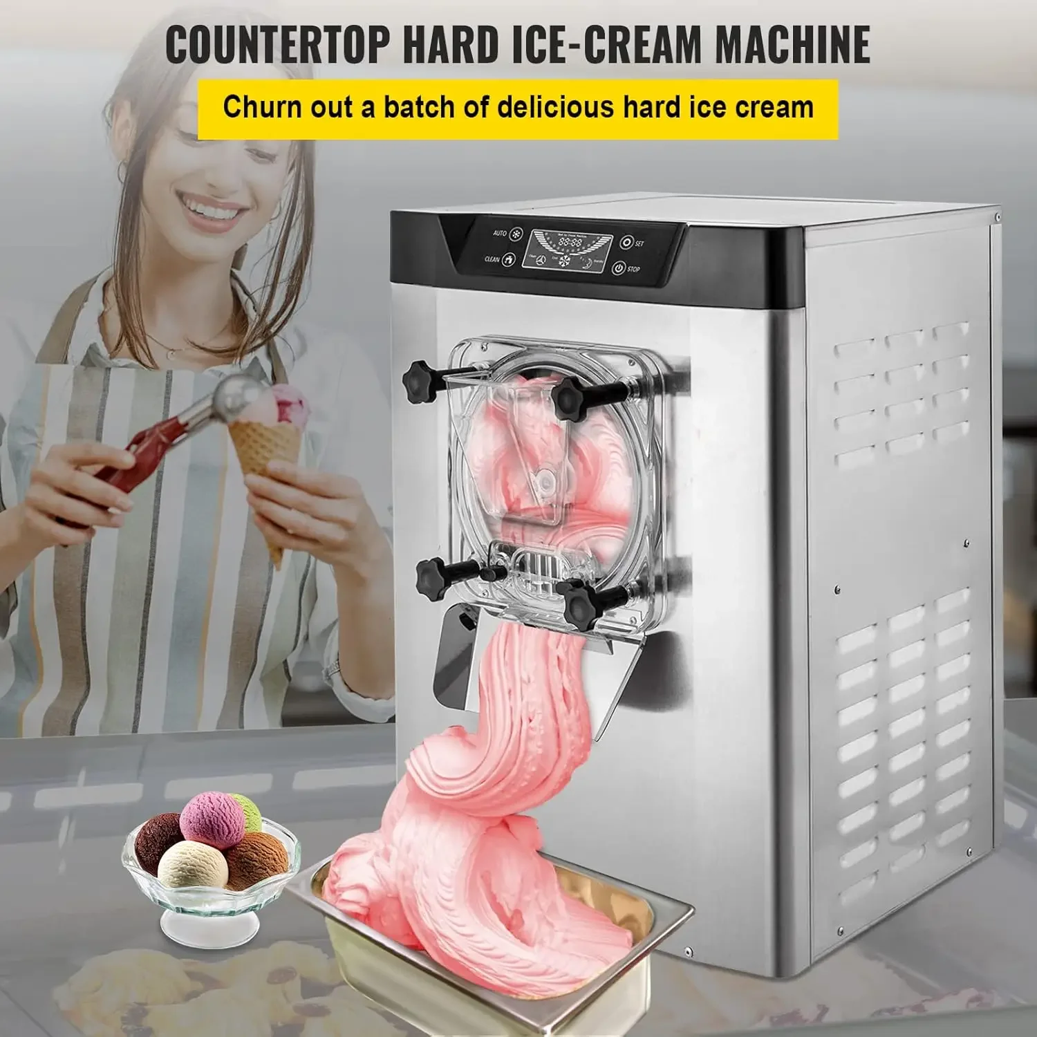 Commercial Ice Cream Machine 1400W 20/5.3 Gph Hard Serve Ice Cream Maker with LED Display Screen Auto Shut-Off Timer One