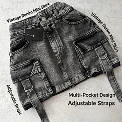 Harajuku Multiple Pockets Denim Plaid Skirt Vintage Goth Black Y2k Mini Skir Fashion Womens Casual Versatile Sexy Streetwear