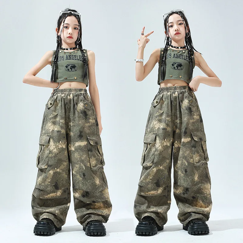 

Kid Hip Hop Clothing Army Green Rivet Crop Tank Top Camouflage Casual Pleat Cargo Pants for Girl Jazz Dance Wear Costume Clothes