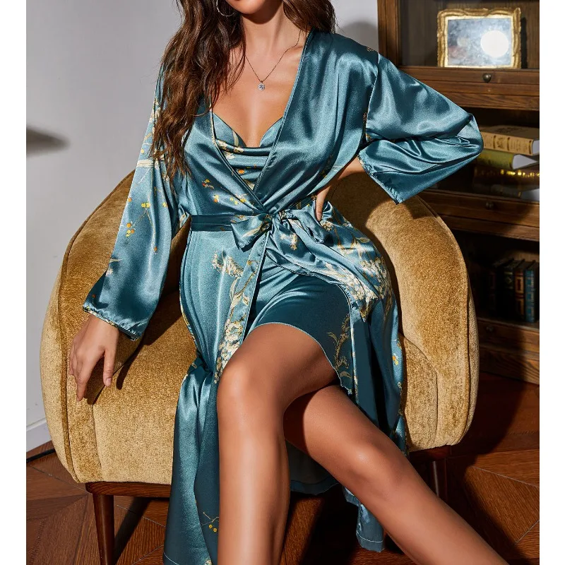 DNLin 2025 Novo verão sexy feminino seda-como robe-3/4 manga longa gravata roupão de noite, moda fina loungewear