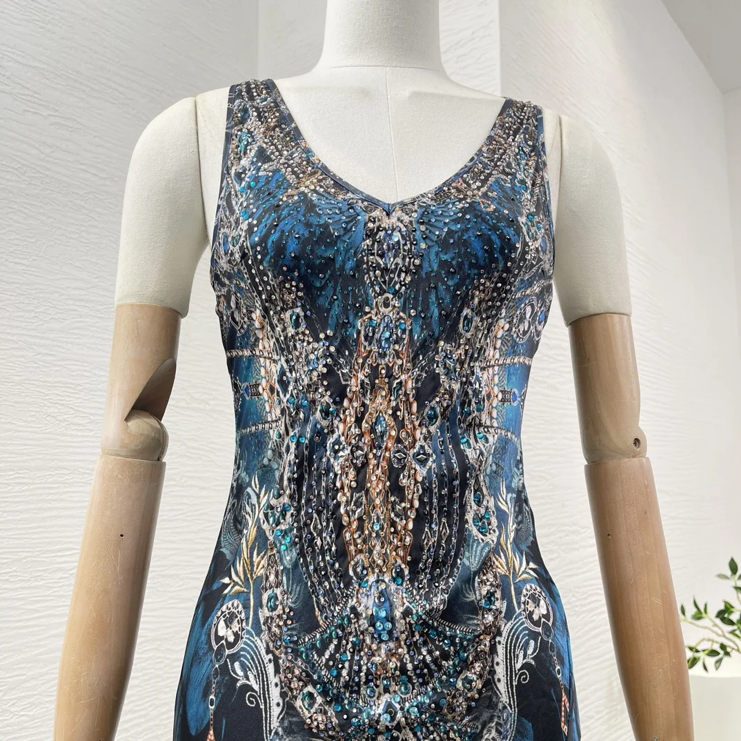 2024 Summer Women Vintage Navy Blue Peacock Print Sleeveless Diamonds Pressed Vest Side Slit Silk Maxi Dress