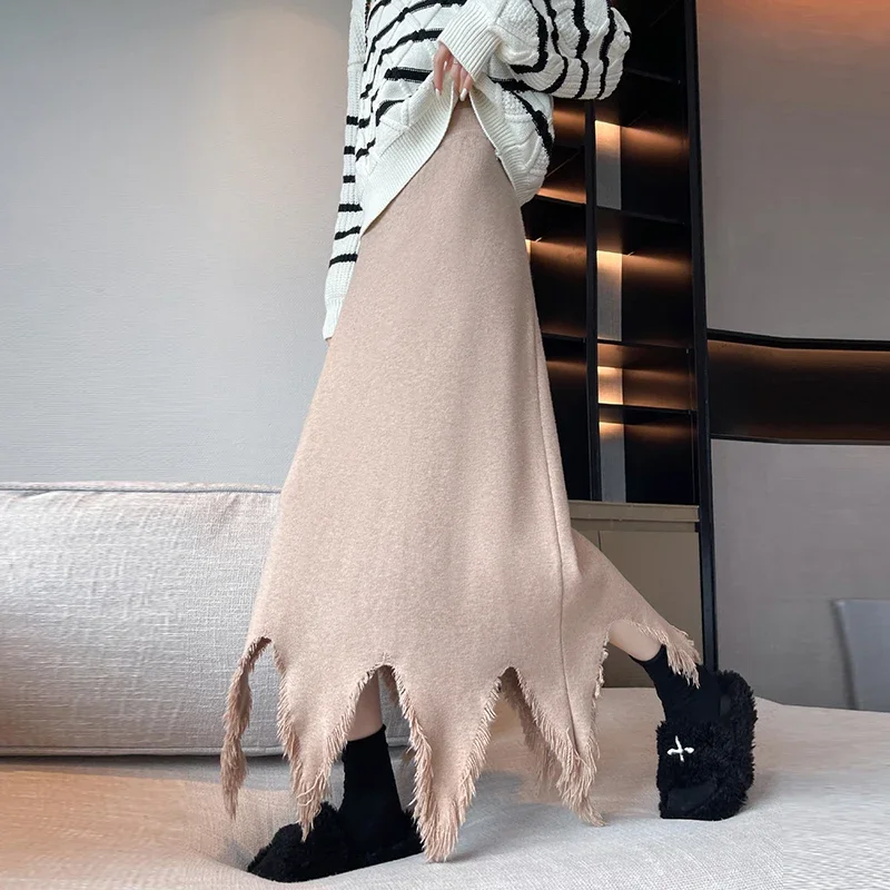 Fashion Irregular Knitted Skirt Women 2024 Autumn Winter High Waist A Line MidiI Skirt Female Aesthetic Tassel Long Faldas Mujer