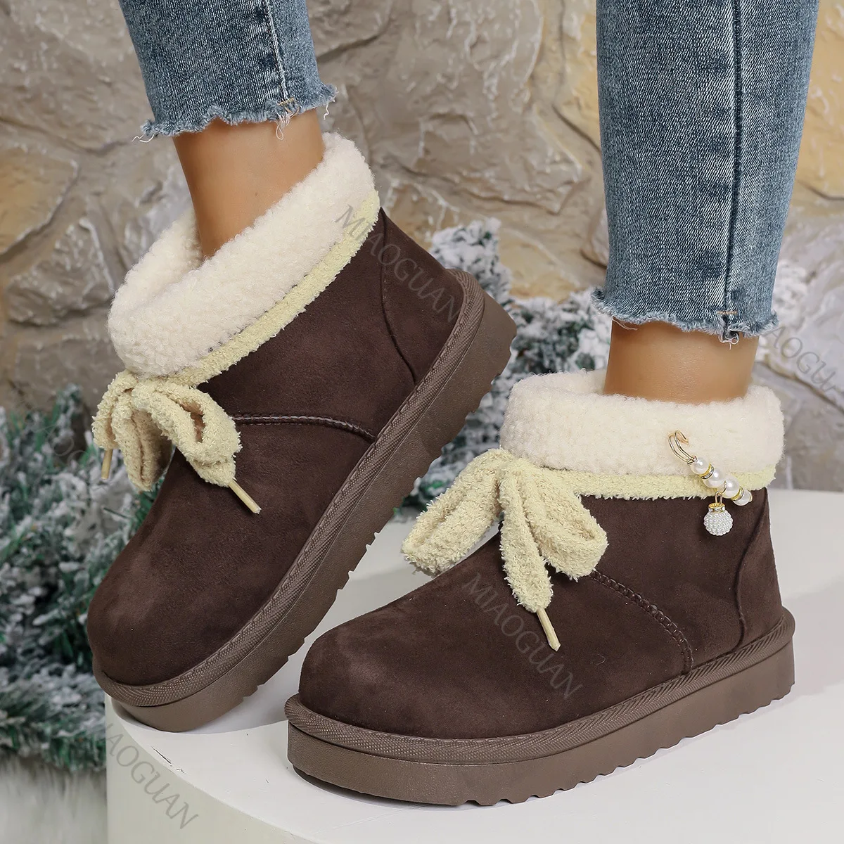 

Women's Short Boots 2025 Winter New Outdoor Thicken Warm Slip on Snow Boots Comfortable Fashion Bow Knot Non Slip Cotton Shoes