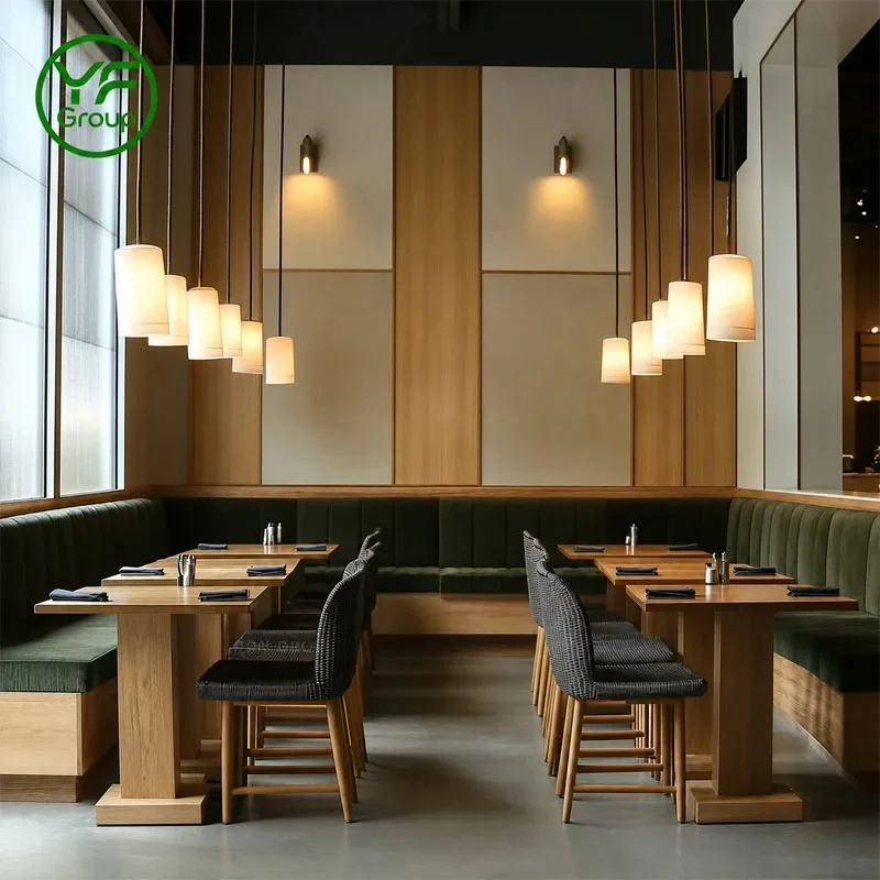 High End Commercial Green Velvet Restaurant Furniture Booth Seating Set with Wood Tables and Chairs for Cafe Bistro