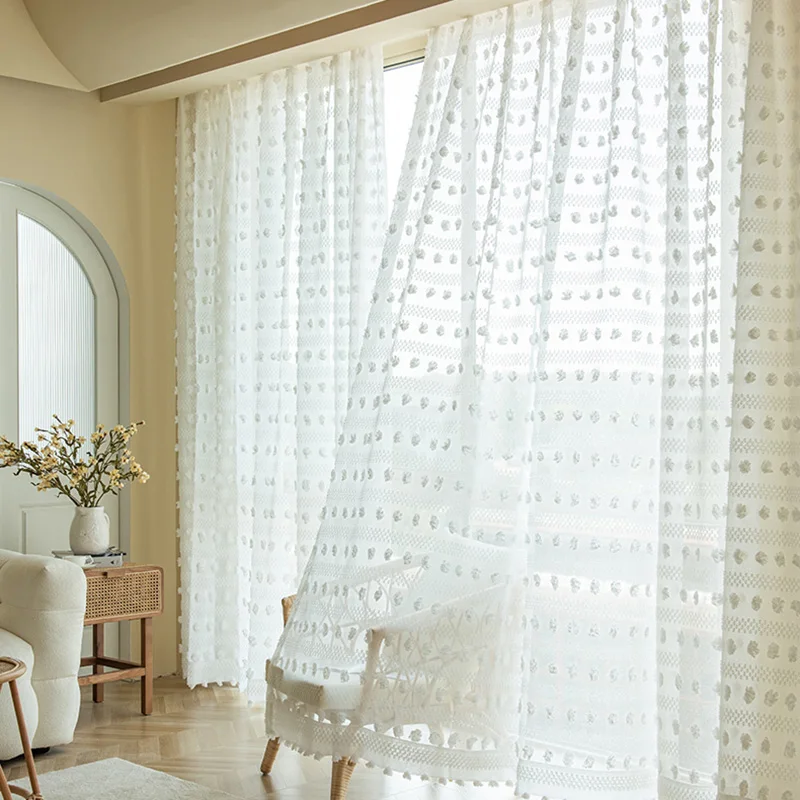 White Stripe Tulle 3D Pompom Embroidery Sheer Curtain for Living Room Elegant Light Filtering Translucent Voile Window Drapes