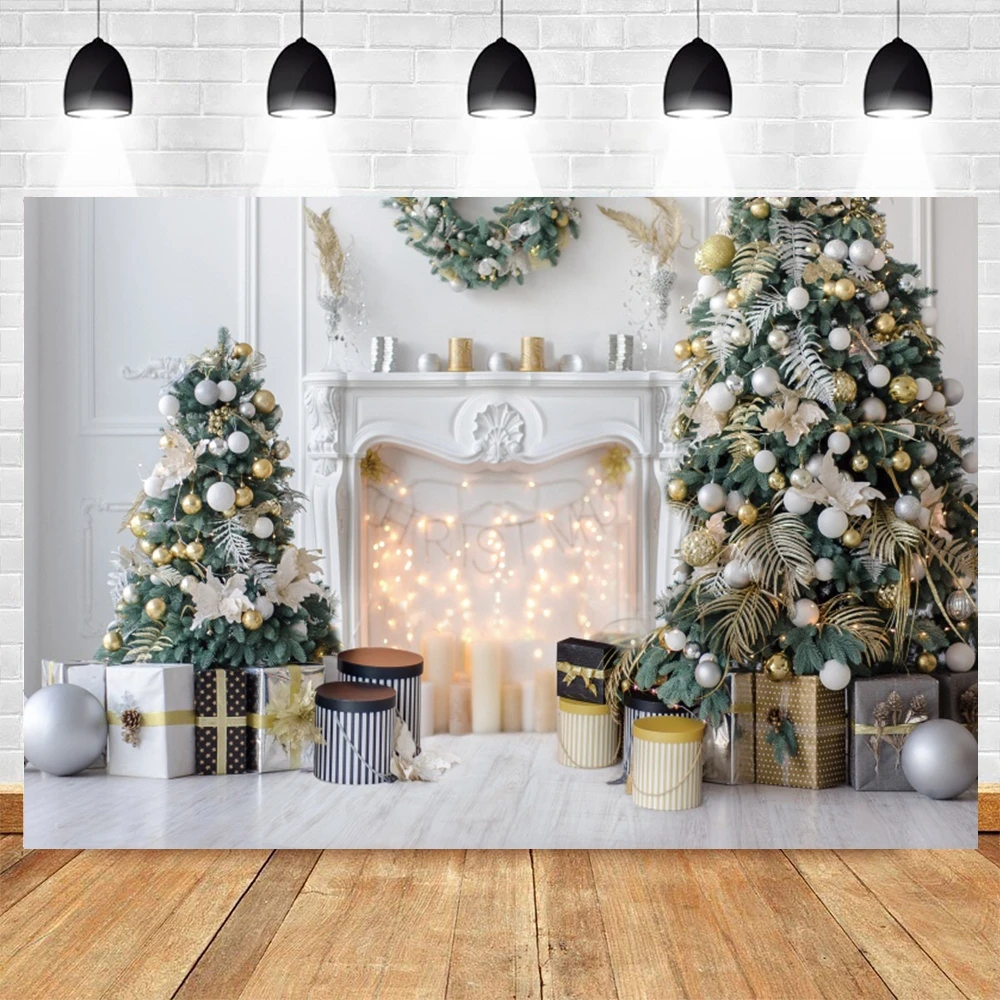 White Christmas Photography Backdrops Interior Fireplace Christmas Tree Home Decor Family Portrait Birthday Party Background