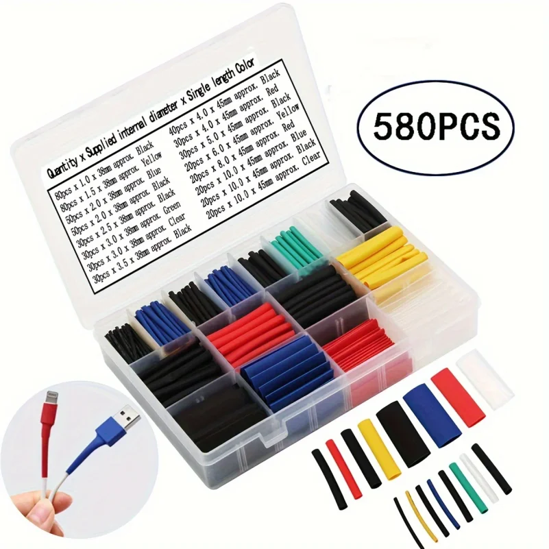 560/580 PCS Heat Shrink Tubings 2:1,Wire Cable Wrap Assortment Tube Sets Electric Insulation Heat Shrink Tube Kit (6 colors)