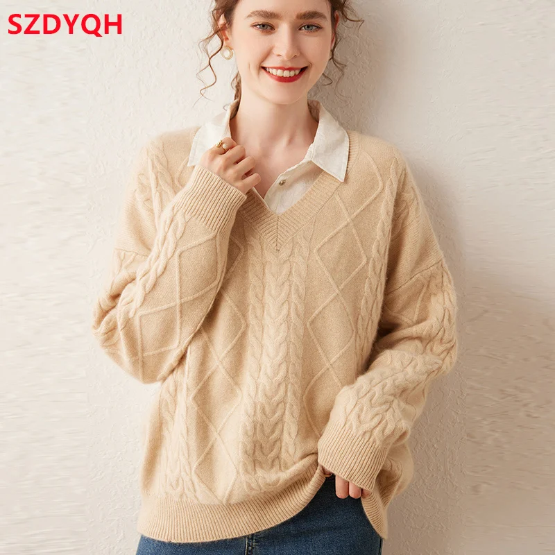 2023 Winter New 100% Cashmere Sweater V-neck Solid Color Women\'s Thicken Warm Pullover Female Loose Large Size Knitted Jumper