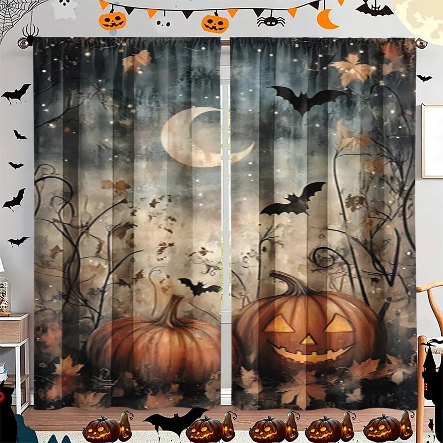 2PCS Digital Print Curtain, Misty Pumpkins Bats Crescent Moon, Grey Foggy Halloween Spooky Style for Living Room Bedroom Decor