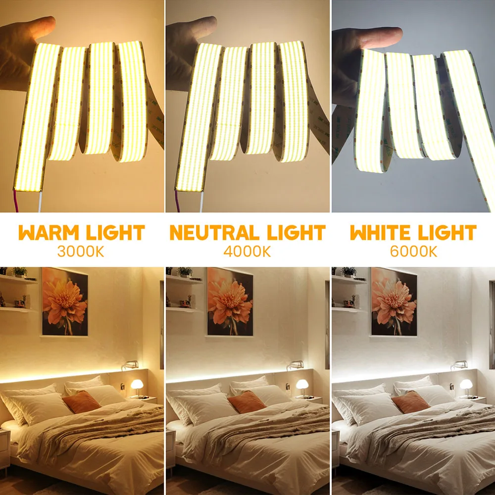 Ultra Bright COB LED Strip Light 12V 24V 1600LED/M 5 Rows  Dimmable Linear Lighting 3000K 4000K 6000K Flex Adhesive Tape 0.5M 5M