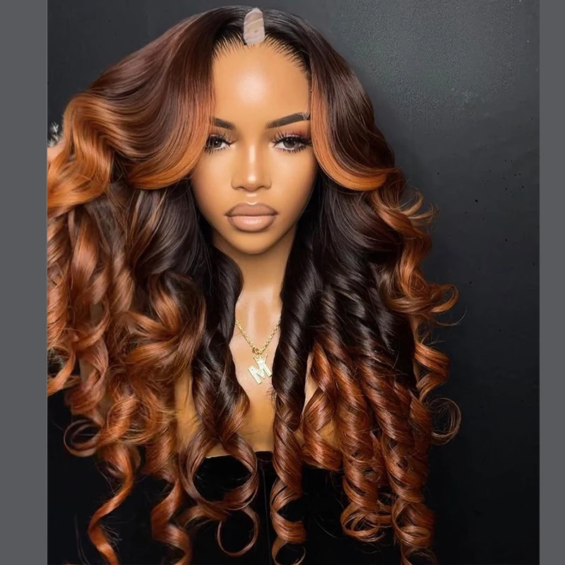 TOP Quality Orange Highlight Brown Black Color Loose Wave 1X4 U Part Wig For Women Brazilian Remy 100% Human Hair Wigs Sale