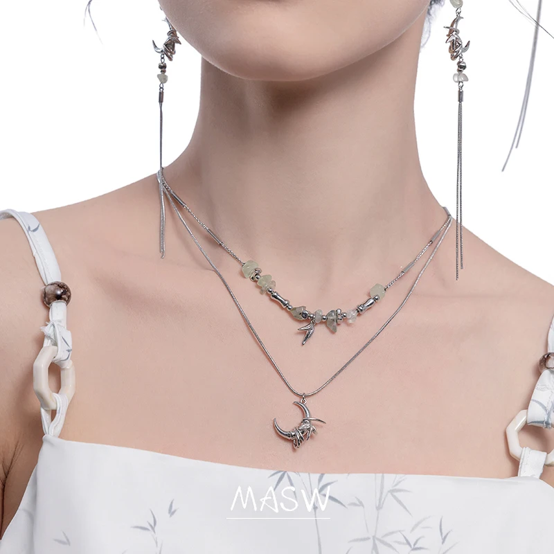 MASW Original Design Cool Trend Thick Silver Plated Two Layer Green Bead Moon Pendant Necklace For Women 2023 Trend New Style