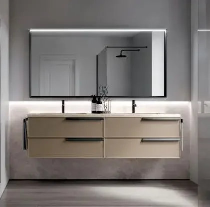 Contemporary Melamine Wall Hung Bathroom Vanity Cabinets with drawers, with shelves, lacquered, with illuminated mirror, curved