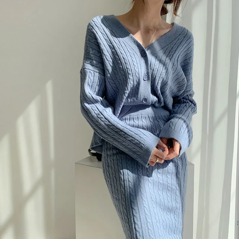 

Autumn Winter New Hip Over Knee Skirt 2 Piece Sets for Women Simple Casual Knitted Sweater Cardigan and Mid Length Skirt Suit