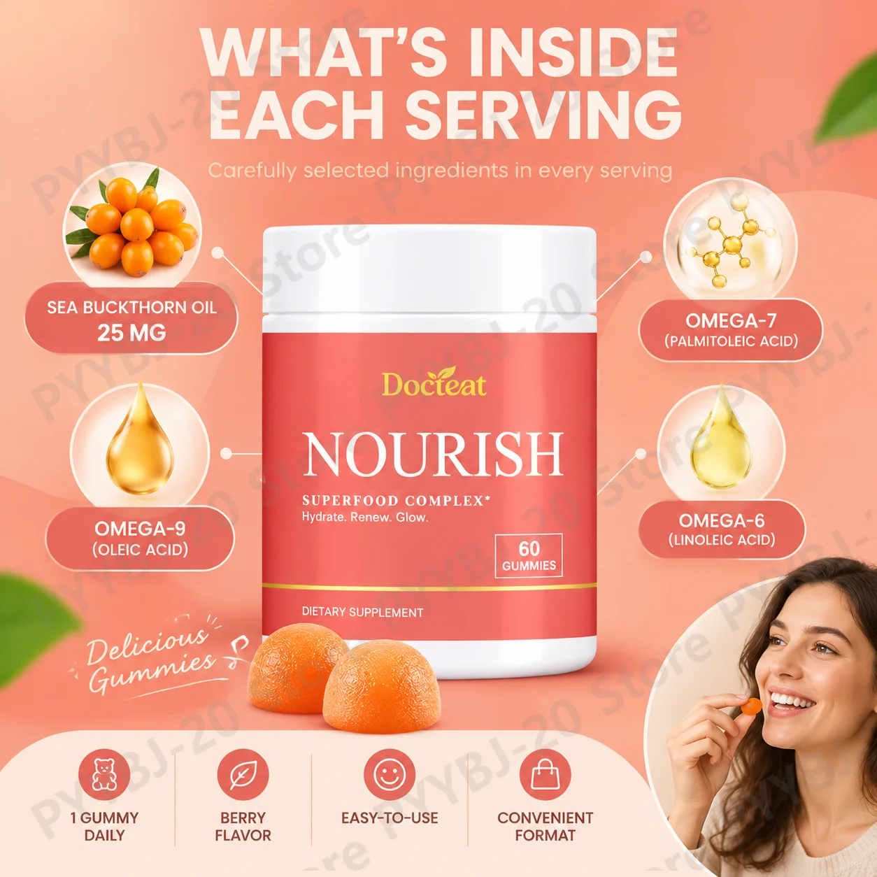 DOCTEAT Women's Hydration Gummies Feminine Comfort Moisture Balance Body Hydration Support with Sea Buckthorn Oil Omega-7 60ct