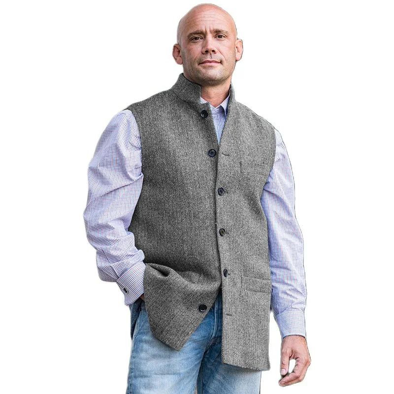 Men\'s Suit Vests Vintage Wedding Vest Brown Stand Collar 2 Pocket Herringbone Wool Tweed Business Waistcoat for Groomman 2022