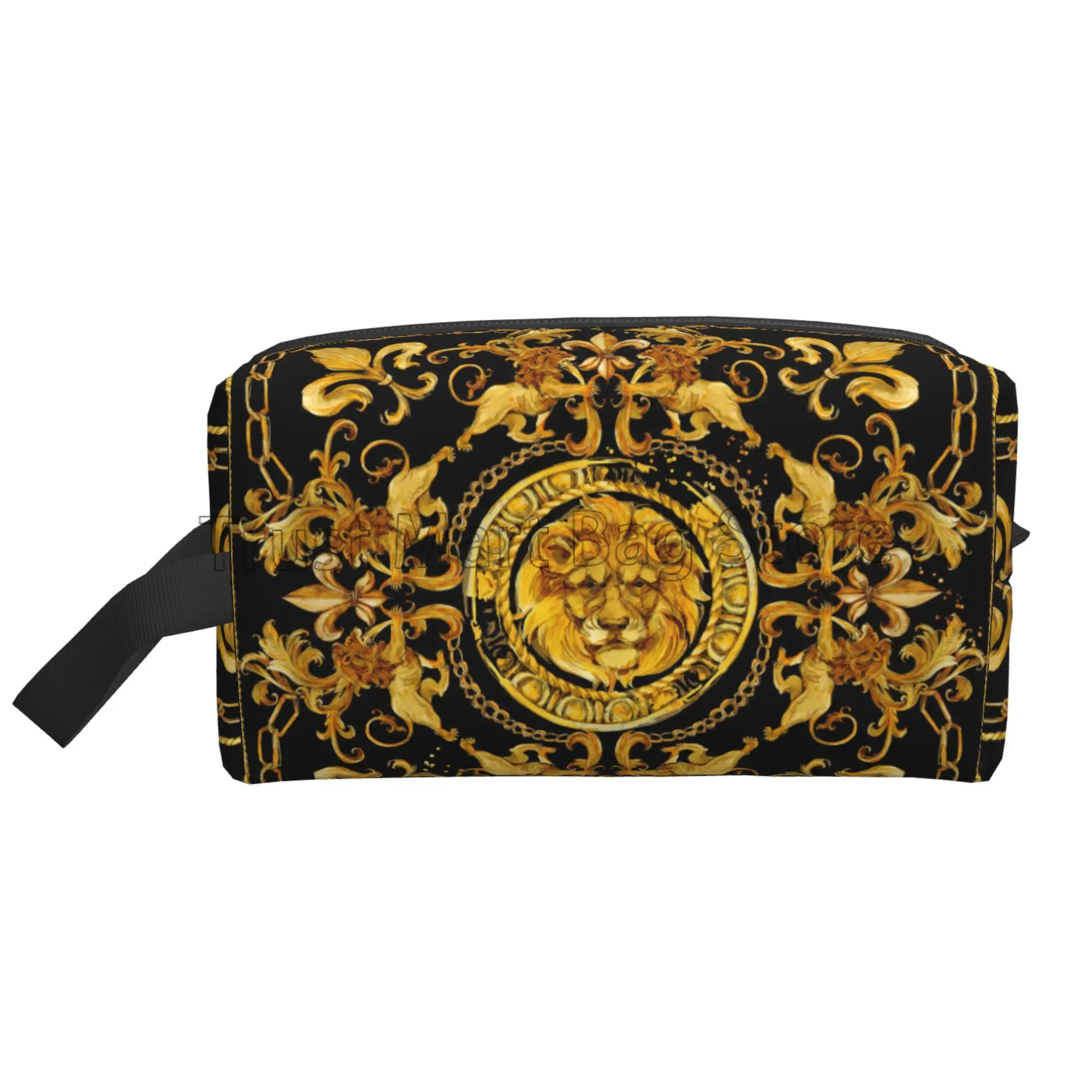 Golden Lion Baroque Print Makeup Bag Large Portable Lightweight Travel Toiletry Organizer Zipper Cosmetic Pouch for Women Men