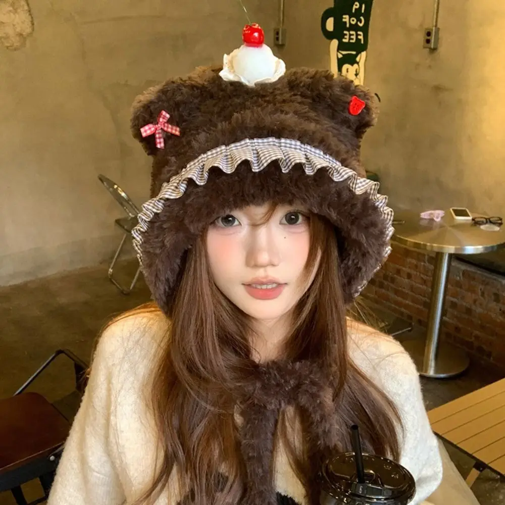 

Ski Caps Cake Bear Ear Protection Hat Cute Korean Style Thick Knitted Hat Keep Warm Cartoon Winter Warm Hat Daily Wear