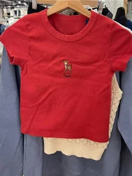 Casual Women Soft Cotton Red Deer Embroidery Tees 2023 Summer Fashion Ladies O Neck  Casual  Female Short Sleeves Slim Tops