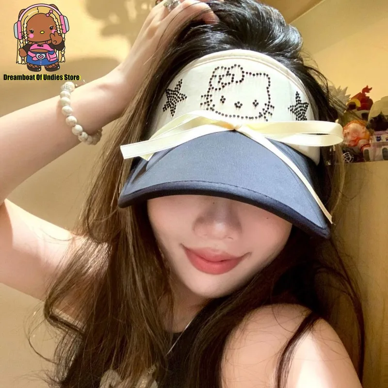 Sombrero de sol brillante de circón para mujer, gorra superior vacía con sombreado, protección solar, ala ancha, dibujos animados, Hello Kitty, Verano