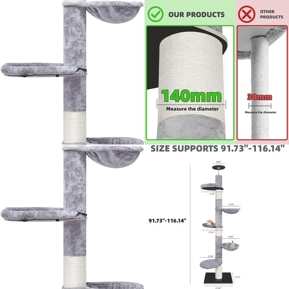 

Floor-to-Ceiling Cat Climbing Tree with Hammock and Scratching Posts, Grey