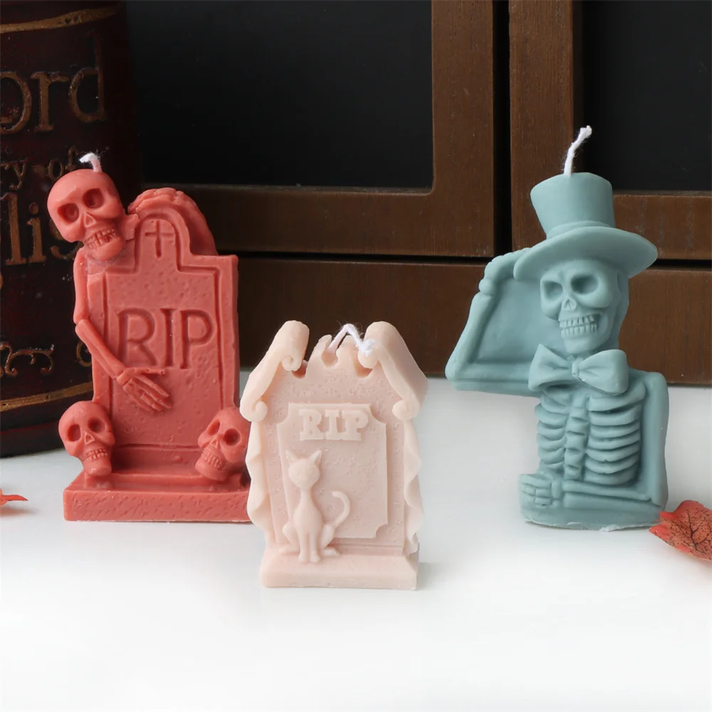 Halloween Skull Candle Silicone Mold Haunted House & Ghost Resin Statue Design Tool Home Decor Increase Holiday Scary Atmosphere