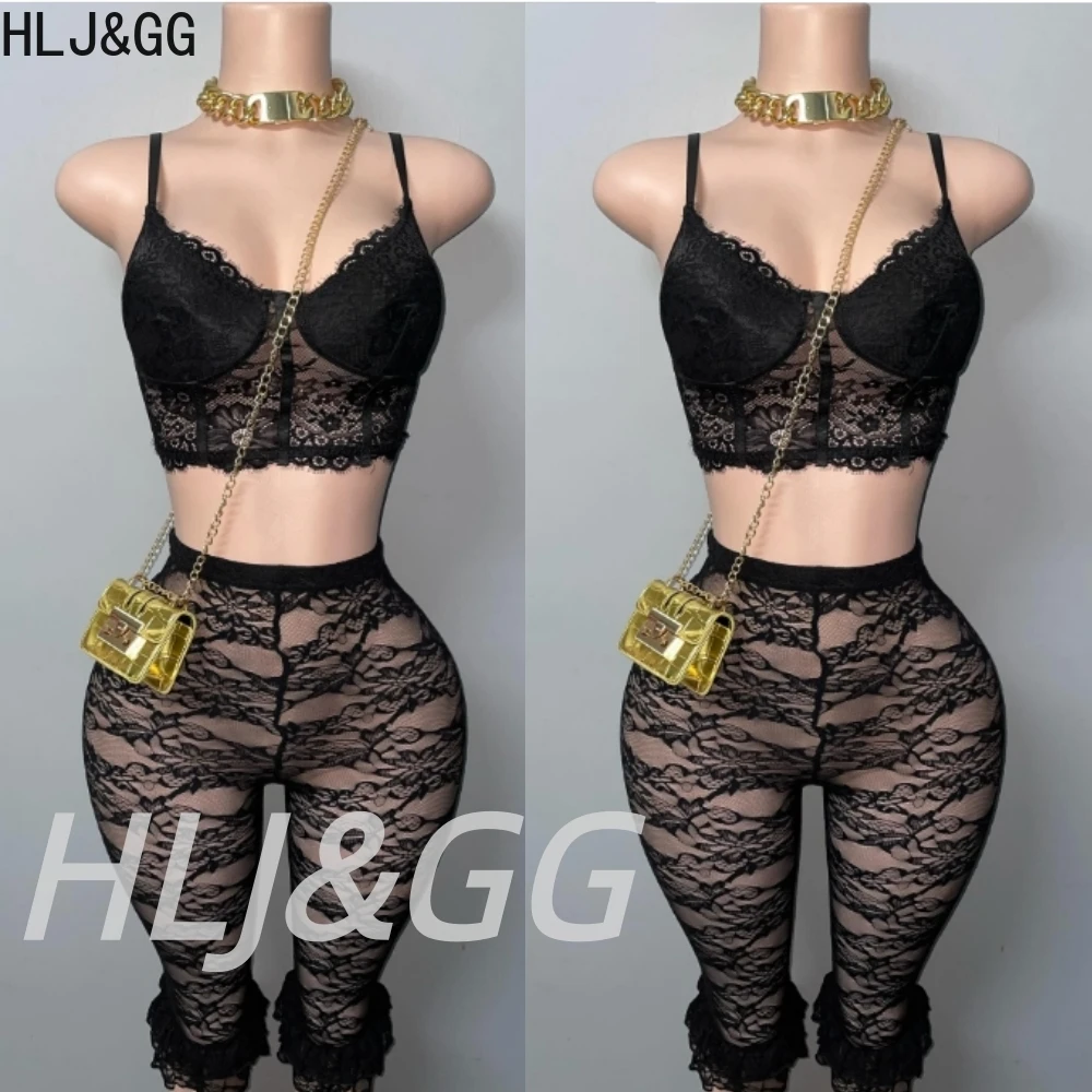 

HLJ&GG Black Sexy Lace See Though Ruffle Two Piece Sets Women Spaghetti Strap V Neck Slim Crop Top And Skinny Shorts Streetwear