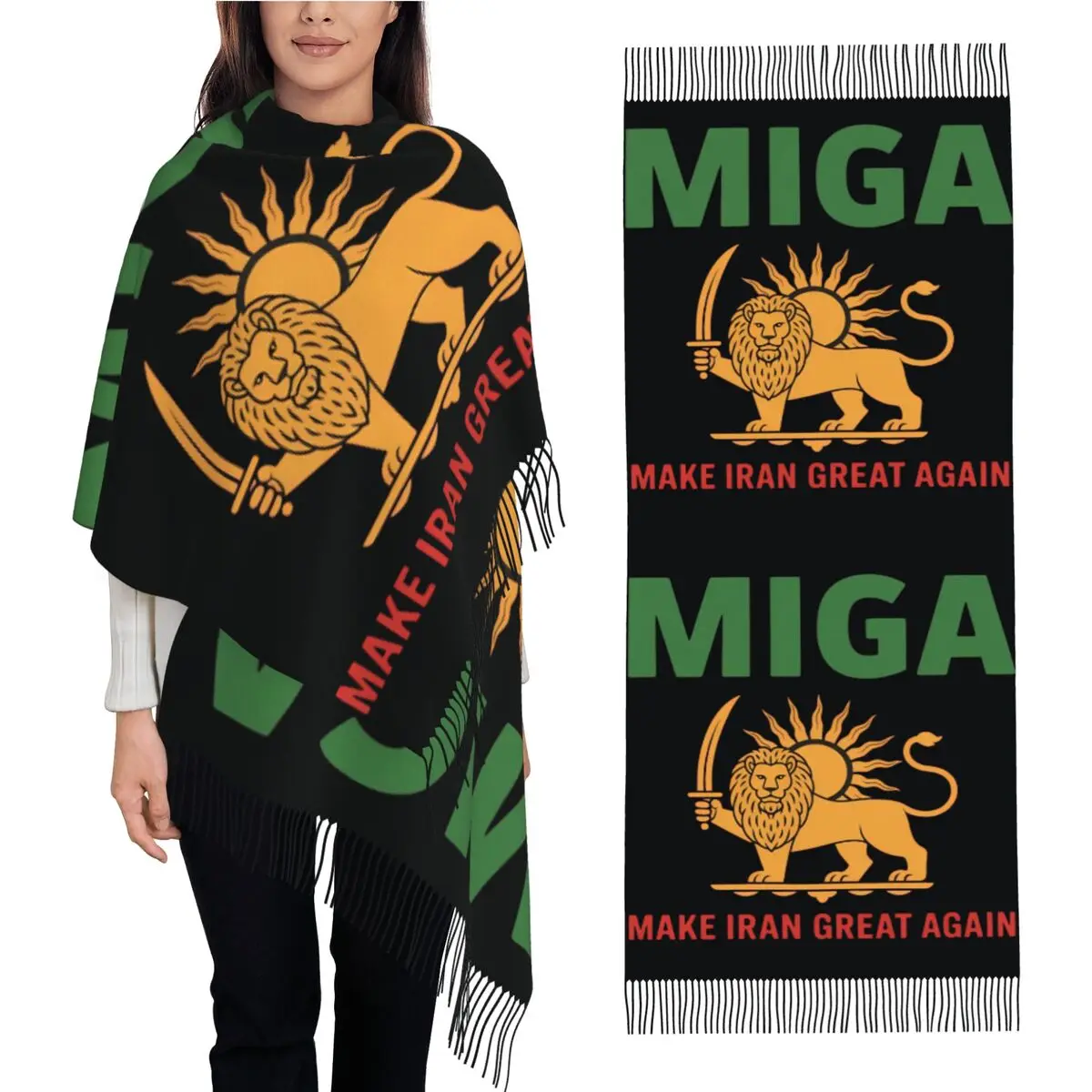 

Make Iran Great Again Emblem Of Iran Miga Scarf with Tassel Keep Warm Shawl Wraps Ladies Graphic Head Scarves Autumn Bandana
