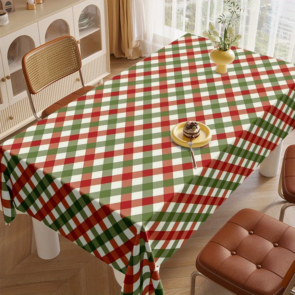One round and one rectangular tablecloth, red and green buffalo checkered weight tableclothzyc