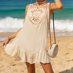 Solid Color Handmade Crochet Splicing Wooden Ear Dress Women Beach Bikini Cover Up Summer Holiday Hollow Out Sarong Short Dress