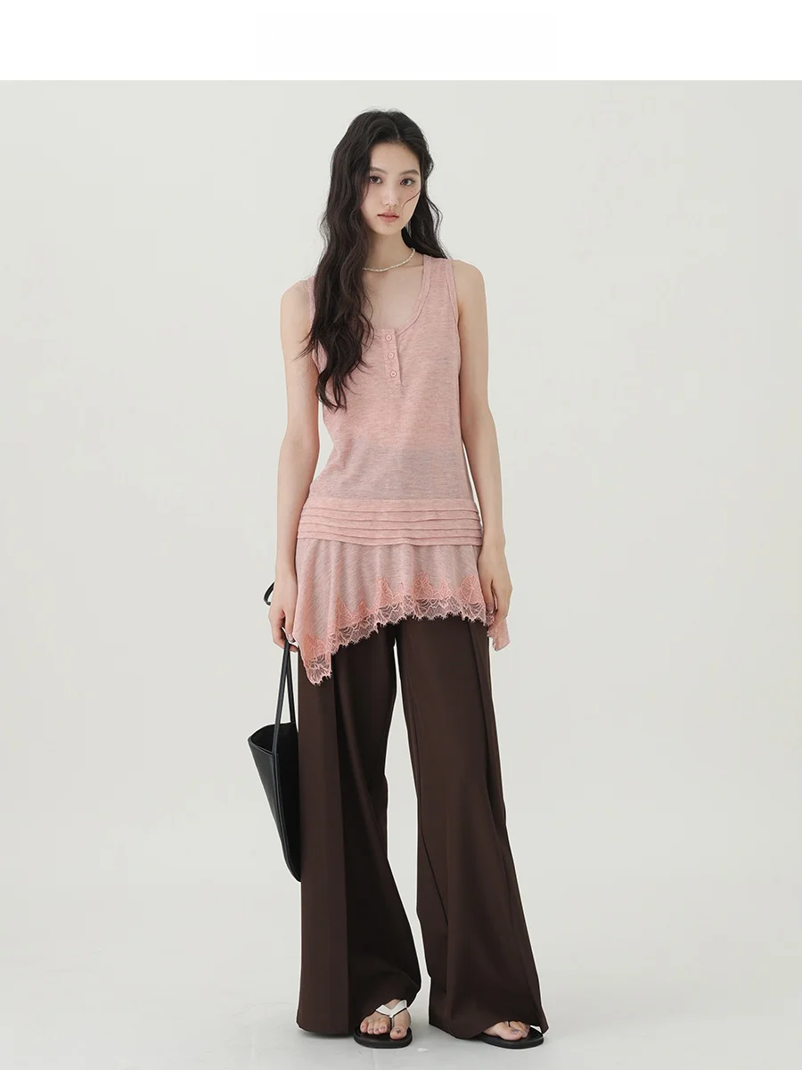 

Розовый вязаный жилет с U-образным вырезом для женщин, летняя универсальная верхняя одежда, топ без рукавов, удобный крой для повседневной носки