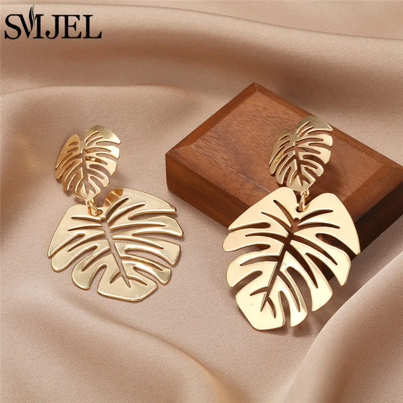 SMJEL Vintage Metal Big Leaf Earrings for Women Summer Monstera Jewelry Fashion Palm Leaves Earings Statement Piercing Brincos