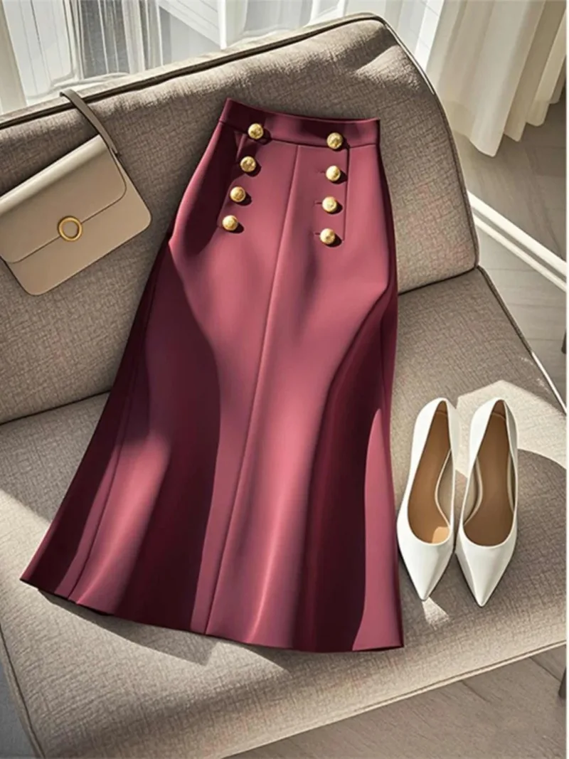 

Traf Women's Cloths Autumn/Winter High-waisted Chic Double-breasted Wine Red Elegant Wrap Hip Skirt Office Women's A-line Skirts