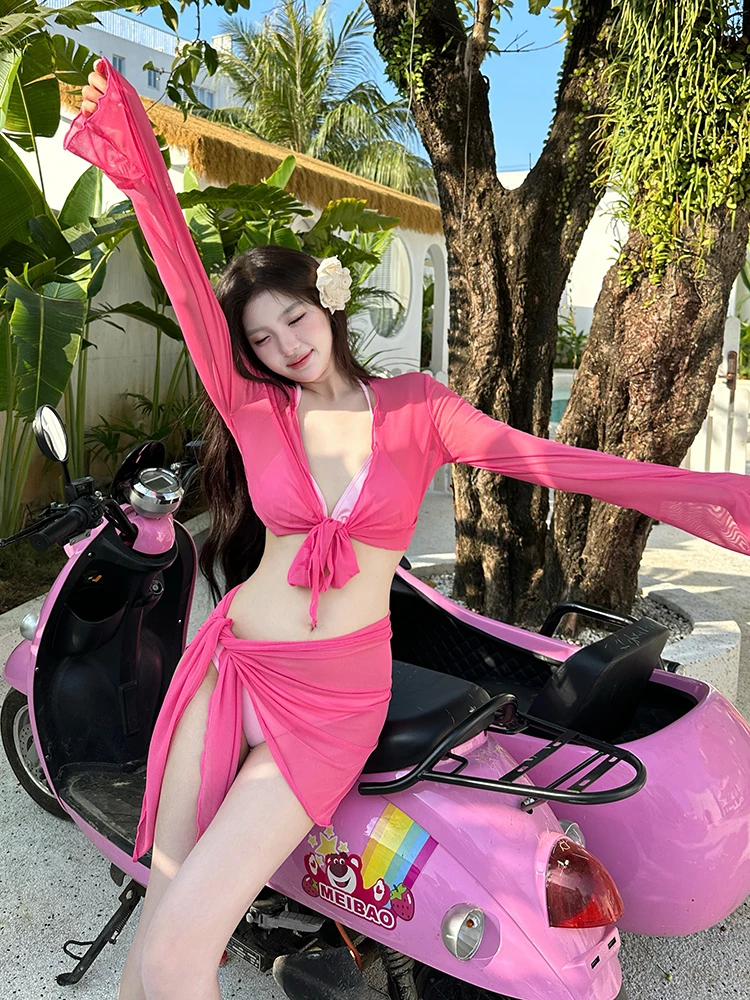 

Sweet Bikini Swimsuit Women's Separate Four-Piece Set Conservative Long Sve Meat Covering Slimming Sexy Small Chest