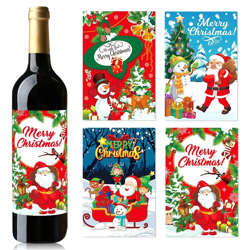 8 buah stiker botol anggur Natal Bar Label botol minuman Santa Claus Selamat Natal Label botol anggur dekorasi pesta