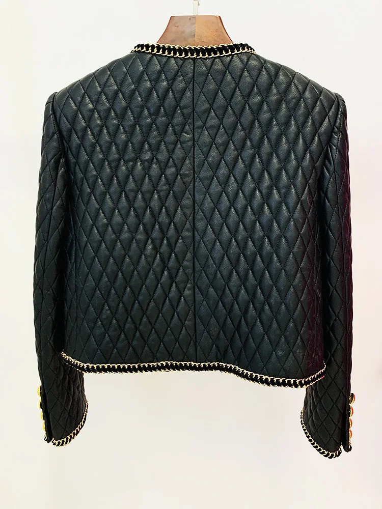 2024 new gold chain edge decorative mesh imitation leather jacket, cardigan wool sweater jacket, black women\'s short jacket