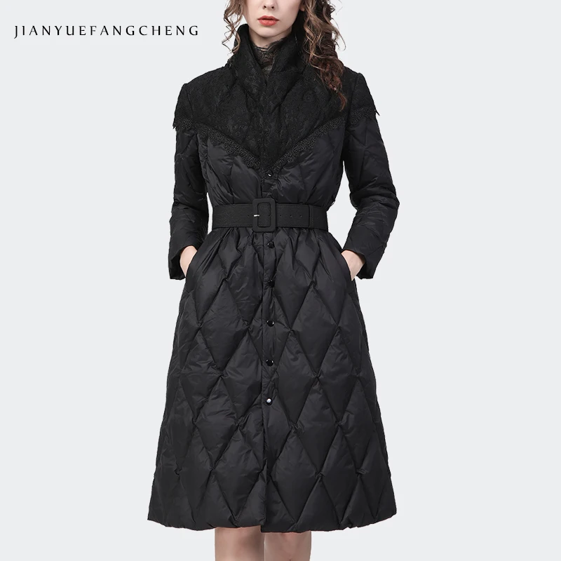 Fashion Women Long Sleeve Winter Down Dress Lace Spliced High Waist A-Line Knee-length Long Duck Down Trench Coat With Belt