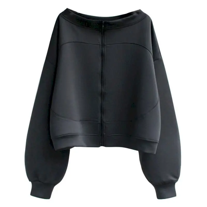 Fried Street Zip Up Cardigan Coats Women Korean Off Shoulder Short Top Fashion Casual Loose Long Sleeve Sweatshirts Y2k Clothes