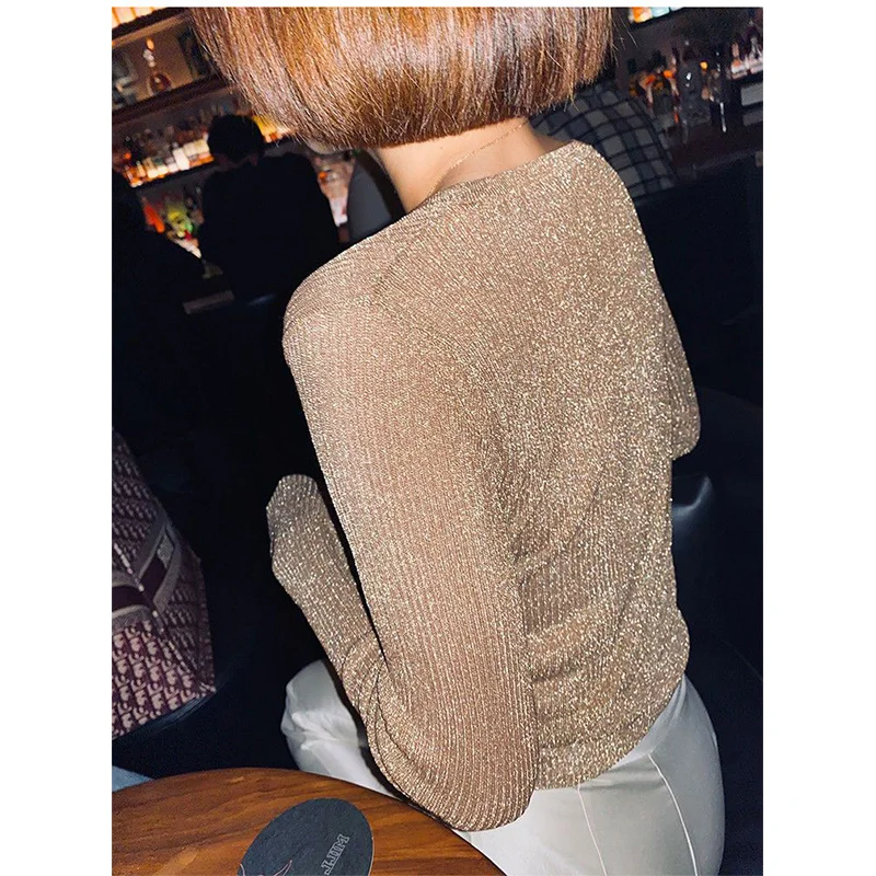 Primavera Outono V-neck Lantejoulas Camisola Fina Cardigan Mulheres Streetwear Moda Tendência Y2K Popularidade Casaco Sey Mesh Roupas Femininas