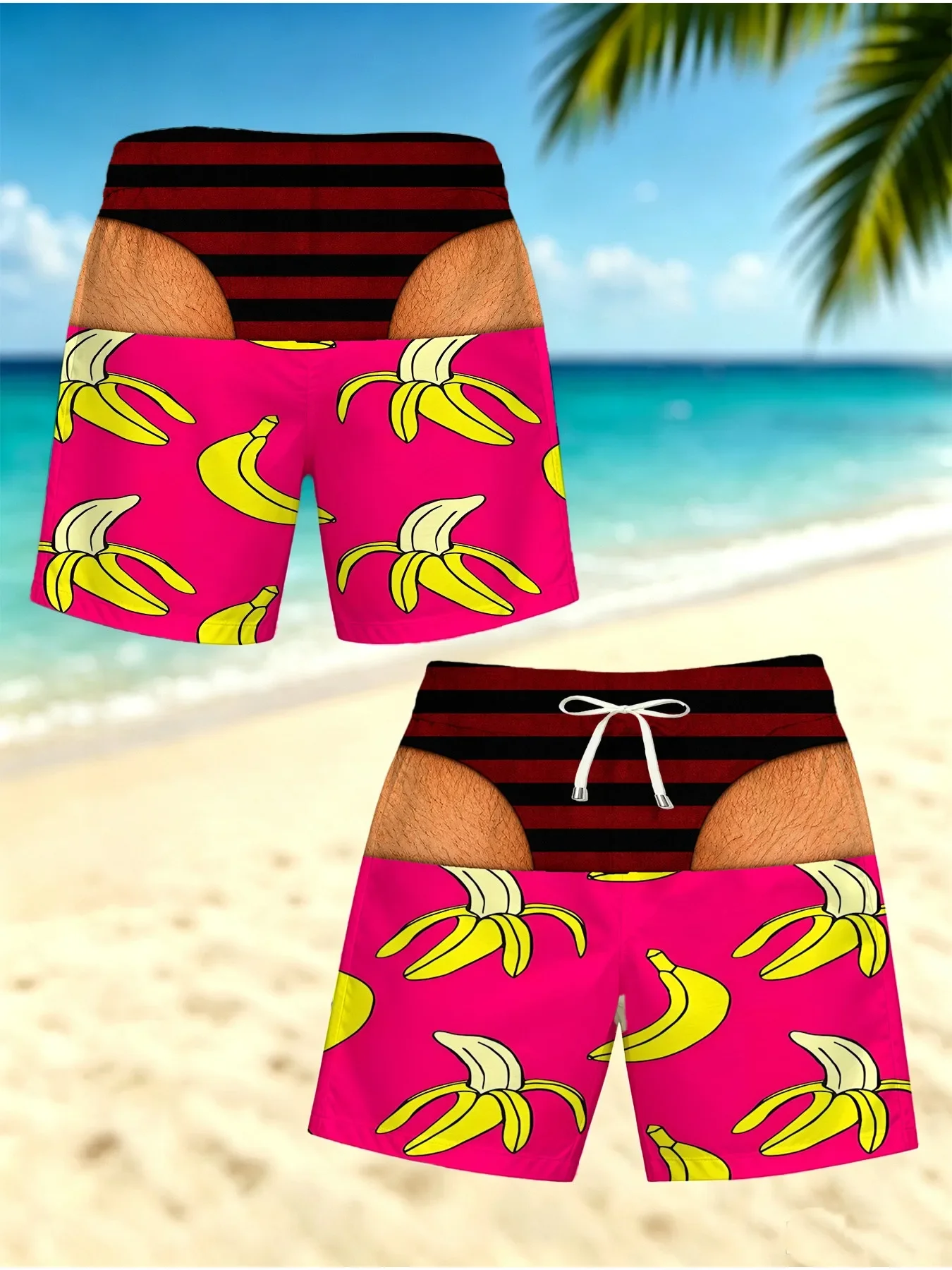 Novelty Gag Gift Men Beach Shorts 3D Illusion Fake Gold Underwear Swim Trunks Vintage Floral Drawstring Boardshorts