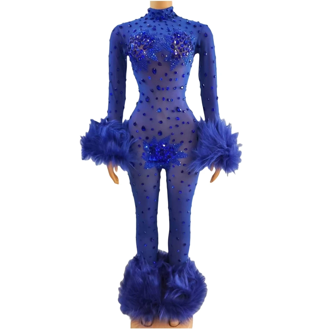 

Royal Blue Sparkly Rhinestone Jumpsuits For Women Stretch Stage Wear Bodysuits Singer Dancer Ballroom Drag Queen Costume Pole