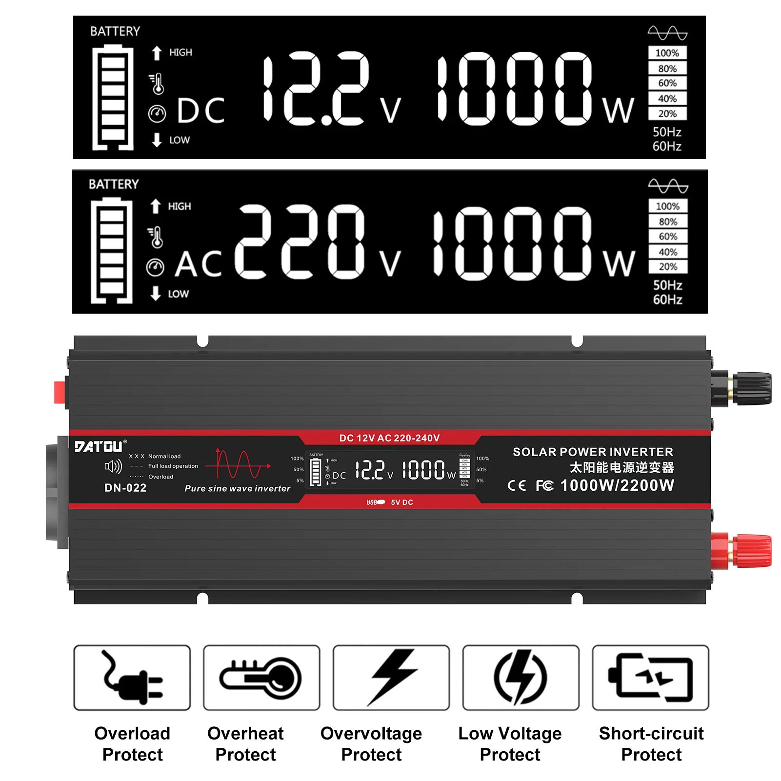 DATOU Inverter 12v to 230v Pure Sine Wave Converter 220v to 12v 1500W 3000W Peak Power LCD Sreen USB Interface Use for Cars