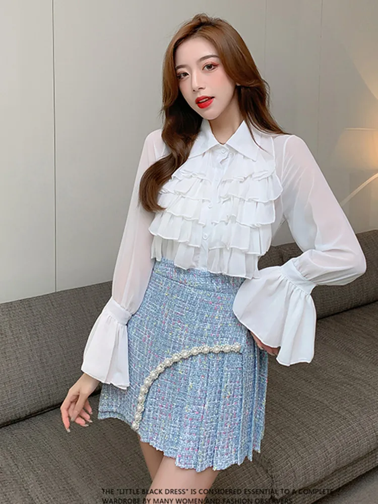 New Blue Tweed Two Piece set Women Short Beaded Jacket + Pleated A-line Skirt Set Casual Chiffon Shirt Plaid Woolen 3 Piece Sets