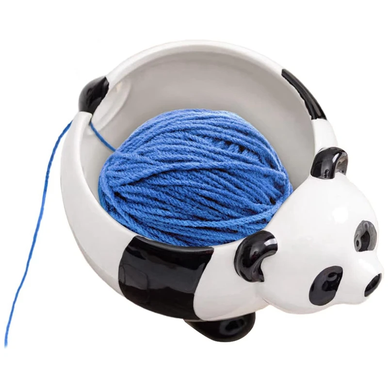 Panda Shape Yarn Bowl, Knitting Wool Storage Basket Round With Holes, Ceramic Glossy Surface Exquisite Texture, Durable