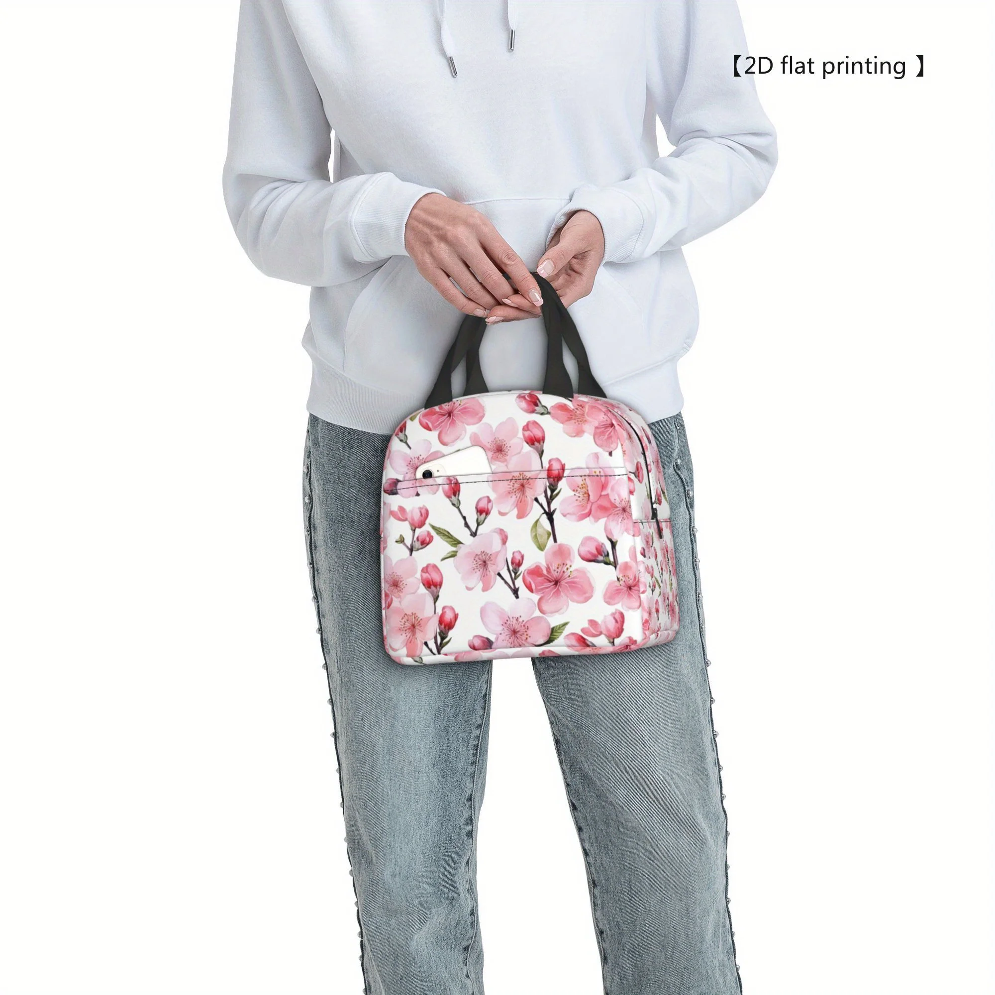1pc [ 2D flat printing] Cherry blossom pattern Portable Reusable Cooler Bag, Lunch bag Boxed meal package top - handle bag lunch