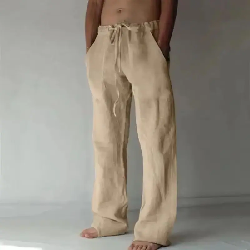 

Men's Linen Casual Pants Elastic Waist Beach Pants Lightweight Drawstring Summer Yoga Pants Solid Color Beach Pants