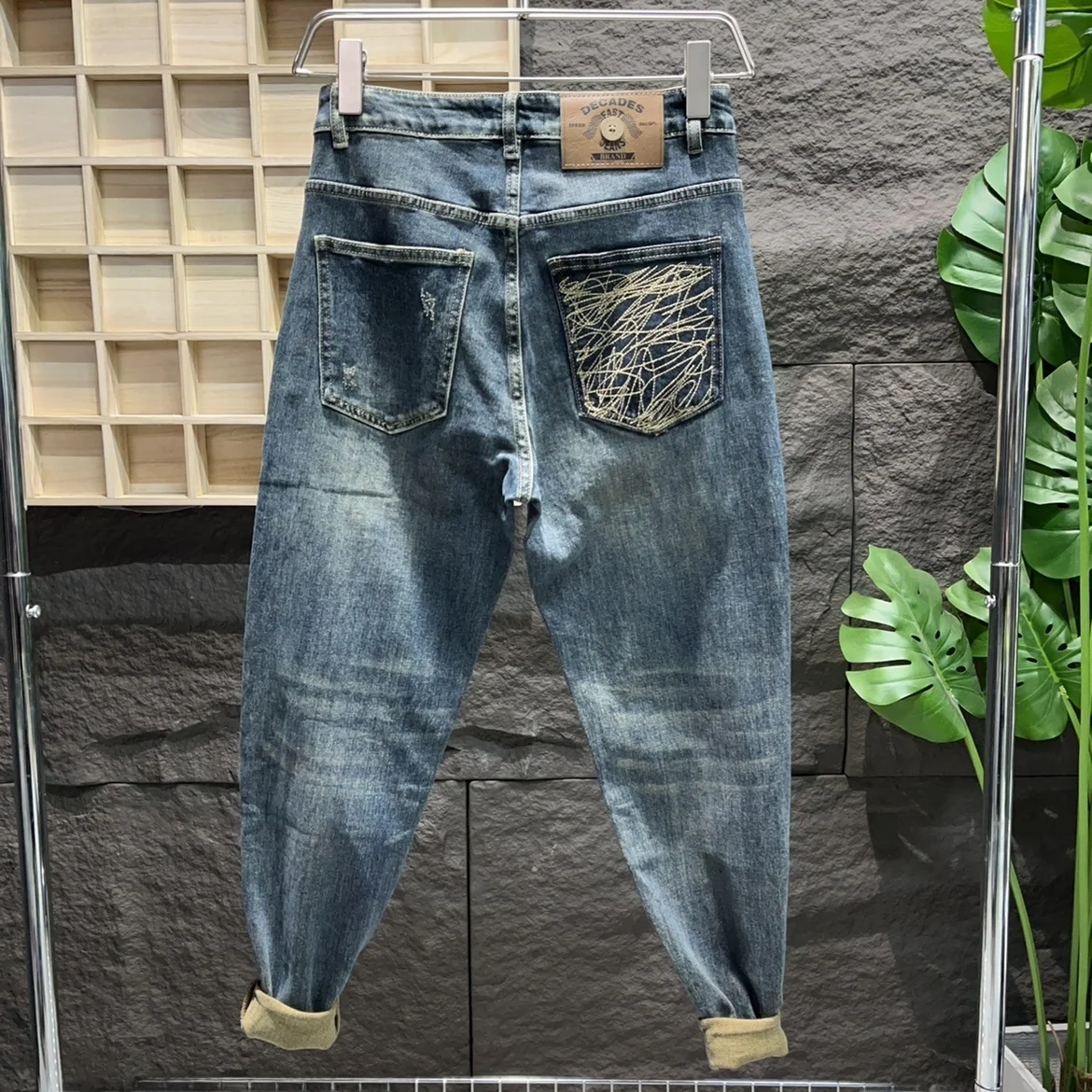 

Retro American Denim Jeans Men's Spring Autumn New Trendy Elastic Slim Fit Harlan Nine Point Casual Jeans Youth ular