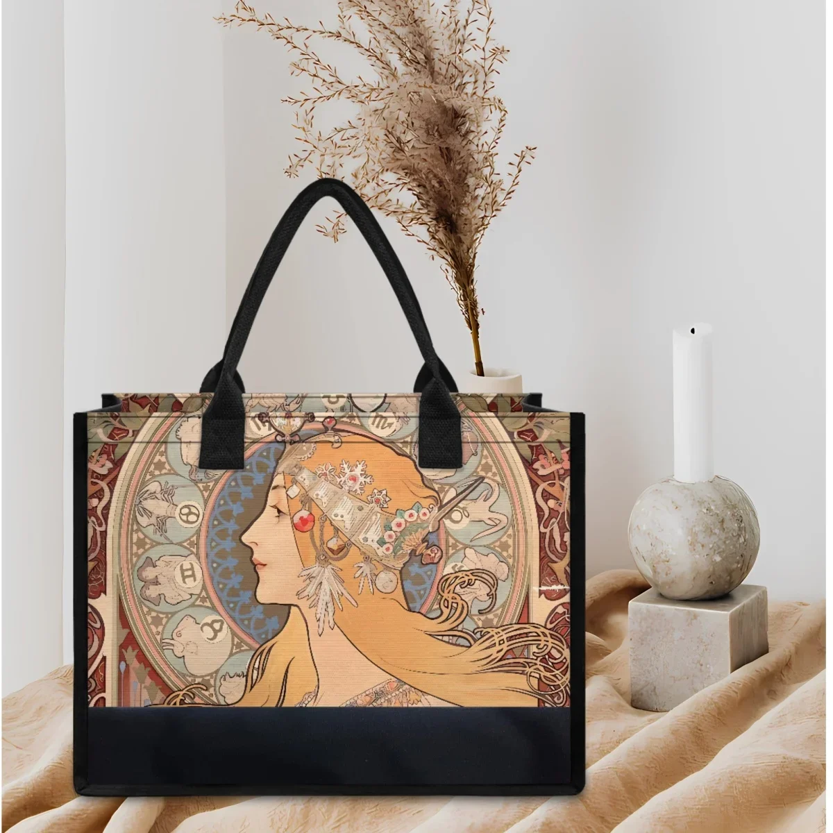 Elegant Handle Large Capacity Tote Bags For Women Alphonse Mucha Designer Retro Girl Shoulder Bag Travel Party Trend Handbags