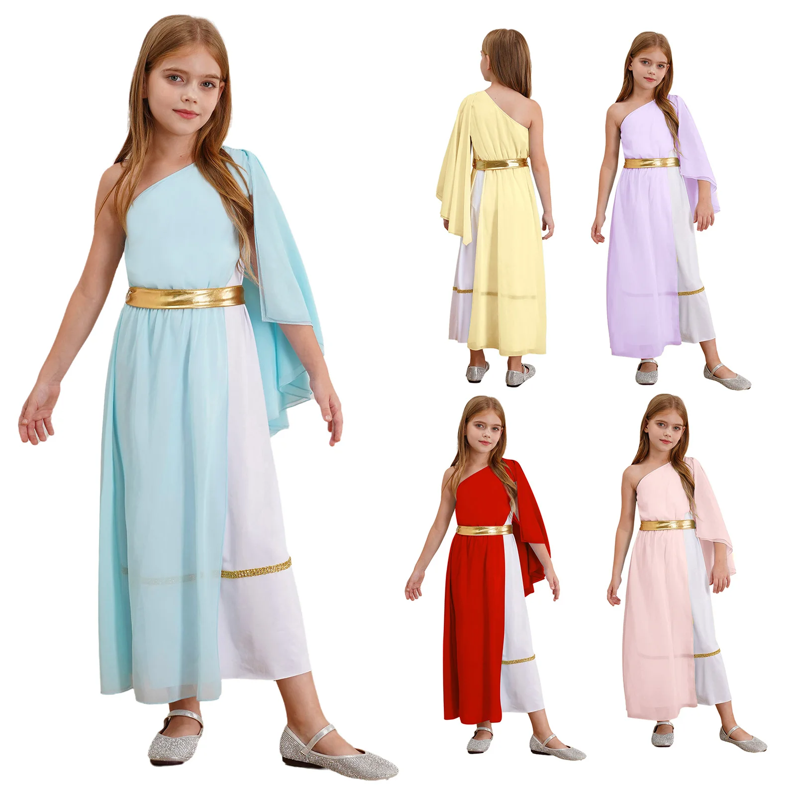 Kids Girls Greek Nymph Toga Ruffles One Shoulder Maxi Lyrical Dance Dress Ancient Roman God Cosplay Costume for School Show