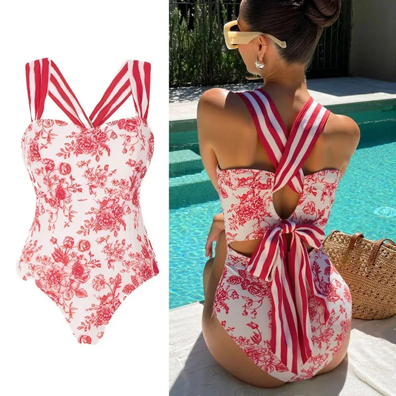 Traje de baño de una pieza con volantes para mujer, vestido largo de retazos a rayas florales dulces, estilo de vacaciones en la playa, traje de baño para vacaciones de verano